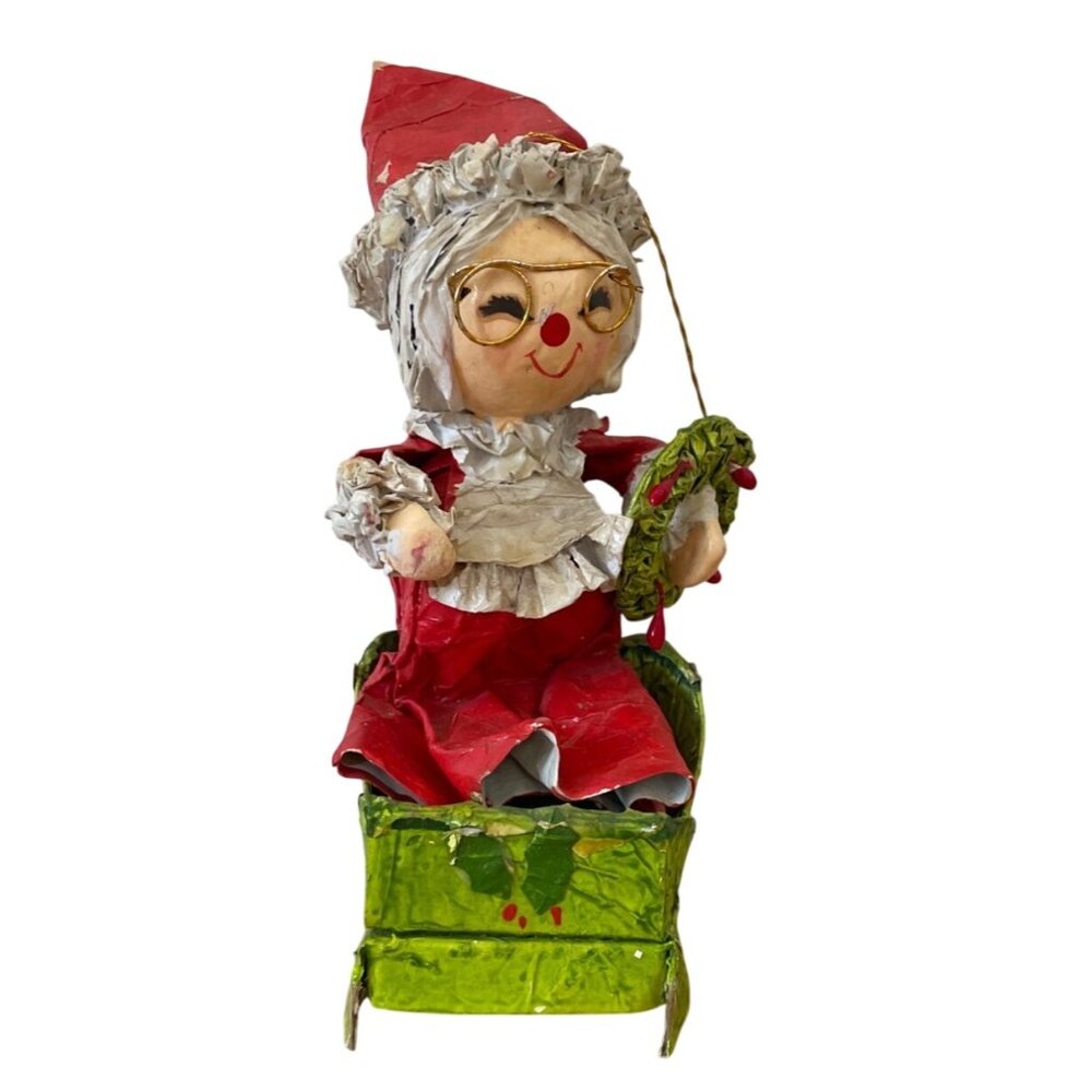 Vintage Paper Mache Mrs Santa Claus Christmas Figurine w Wreath Glasses 6 in MCM